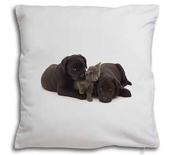 Black Labrador Dogs and Kitten Soft White Velvet Feel Scatter Cushion