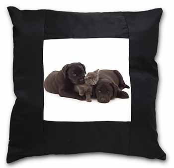 Black Labrador Dogs and Kitten Black Satin Feel Scatter Cushion
