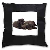 Black Labrador Dogs and Kitten Black Satin Feel Scatter Cushion