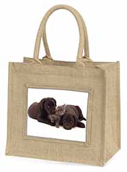 Black Labrador Dogs and Kitten Natural/Beige Jute Large Shopping Bag