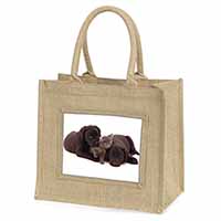 Black Labrador Dogs and Kitten Natural/Beige Jute Large Shopping Bag