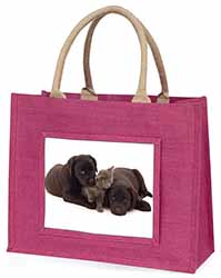 Black Labrador Dogs and Kitten Large Pink Jute Shopping Bag