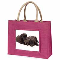 Black Labrador Dogs and Kitten Large Pink Jute Shopping Bag