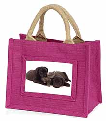 Black Labrador Dogs and Kitten Little Girls Small Pink Jute Shopping Bag