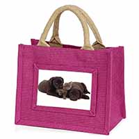 Black Labrador Dogs and Kitten Little Girls Small Pink Jute Shopping Bag