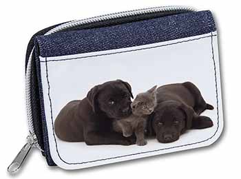 Black Labrador Dogs and Kitten Unisex Denim Purse Wallet