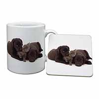 Black Labrador Dogs and Kitten Mug and Coaster Set