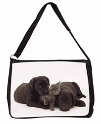 Black Labrador Dogs and Kitten Large Black Laptop Shoulder Bag School/College