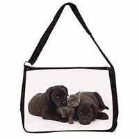 Black Labrador Dogs and Kitten Large Black Laptop Shoulder Bag School/College