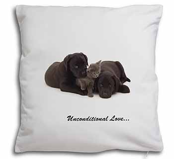 Black Labrador and Cat Soft White Velvet Feel Scatter Cushion