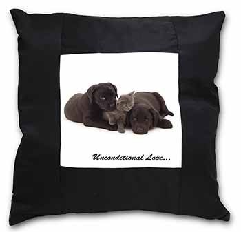 Black Labrador and Cat Black Satin Feel Scatter Cushion