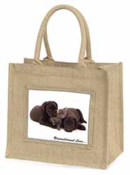 Black Labrador and Cat Natural/Beige Jute Large Shopping Bag