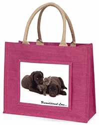 Black Labrador and Cat Large Pink Jute Shopping Bag