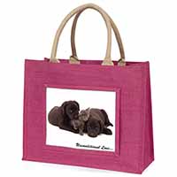 Black Labrador and Cat Large Pink Jute Shopping Bag