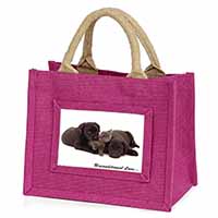 Black Labrador and Cat Little Girls Small Pink Jute Shopping Bag