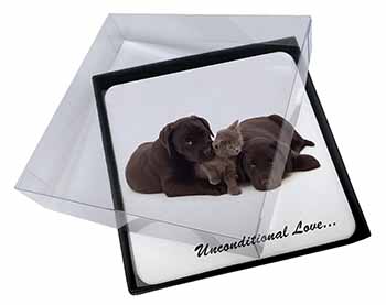 4x Black Labrador and Cat Picture Table Coasters Set in Gift Box