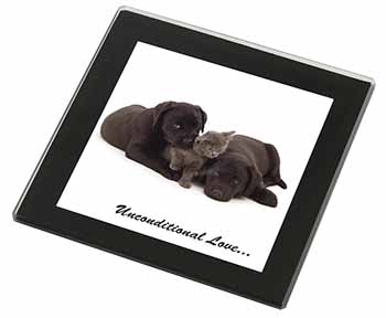 Black Labrador and Cat Black Rim High Quality Glass Coaster