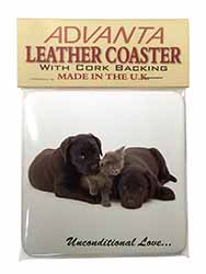 Black Labrador and Cat Single Leather Photo Coaster