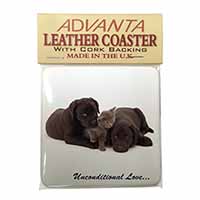 Black Labrador and Cat Single Leather Photo Coaster