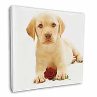 Yellow Labrador Puppy with Rose Square Canvas 12"x12" Wall Art Picture Print