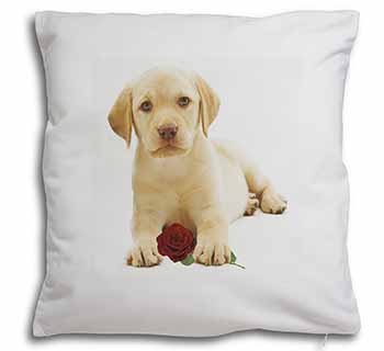 Yellow Labrador Puppy with Rose Soft White Velvet Feel Scatter Cushion