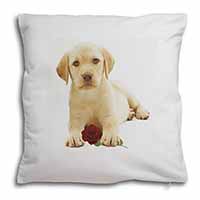 Yellow Labrador Puppy with Rose Soft White Velvet Feel Scatter Cushion
