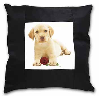 Yellow Labrador Puppy with Rose Black Satin Feel Scatter Cushion