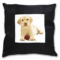 Yellow Labrador Puppy with Rose Black Satin Feel Scatter Cushion