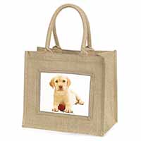 Yellow Labrador Puppy with Rose Natural/Beige Jute Large Shopping Bag