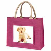 Yellow Labrador Puppy with Rose Large Pink Jute Shopping Bag