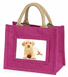 Yellow Labrador Puppy with Rose Little Girls Small Pink Jute Shopping Bag