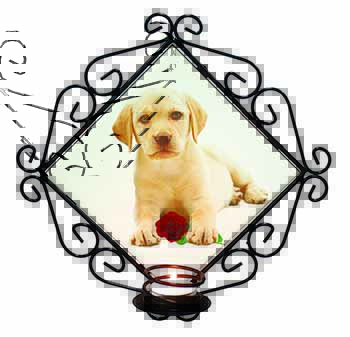 Yellow Labrador Puppy with Rose Wrought Iron Wall Art Candle Holder