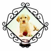 Yellow Labrador Puppy with Rose Wrought Iron Wall Art Candle Holder