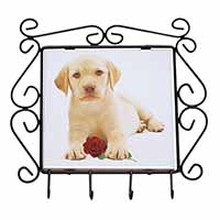 Yellow Labrador Puppy with Rose Wrought Iron Key Holder Hooks