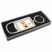 Yellow Labrador Puppy with Rose Chrome Metal Bottle Opener Keyring in Box