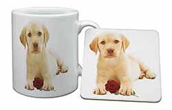 Yellow Labrador Puppy with Rose Mug and Coaster Set