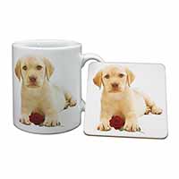 Yellow Labrador Puppy with Rose Mug and Coaster Set