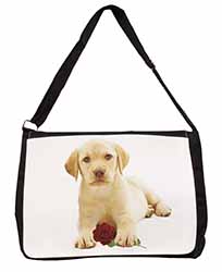 Yellow Labrador Puppy with Rose Large Black Laptop Shoulder Bag School/College