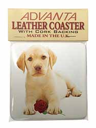 Yellow Labrador Puppy with Rose Single Leather Photo Coaster