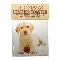 Yellow Labrador Puppy with Rose Single Leather Photo Coaster