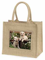 Yellow Labrador Puppies Natural/Beige Jute Large Shopping Bag