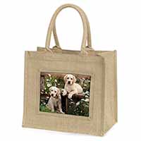 Yellow Labrador Puppies Natural/Beige Jute Large Shopping Bag