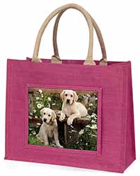 Yellow Labrador Puppies Large Pink Jute Shopping Bag