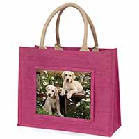 Yellow Labrador Puppies Large Pink Jute Shopping Bag