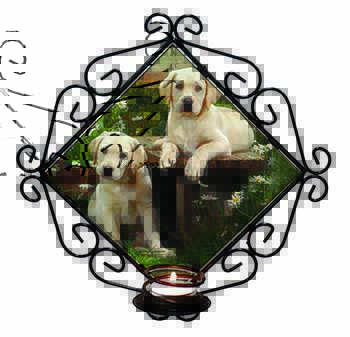Yellow Labrador Puppies Wrought Iron Wall Art Candle Holder