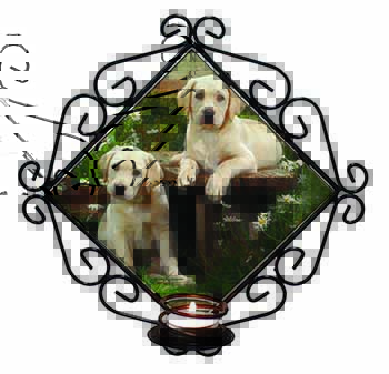 Yellow Labrador Puppies Wrought Iron Wall Art Candle Holder
