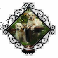Yellow Labrador Puppies Wrought Iron Wall Art Candle Holder