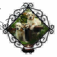 Yellow Labrador Puppies Wrought Iron Wall Art Candle Holder