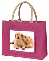 Yellow Labrador Dogs Large Pink Jute Shopping Bag