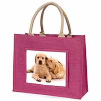 Yellow Labrador Dogs Large Pink Jute Shopping Bag
